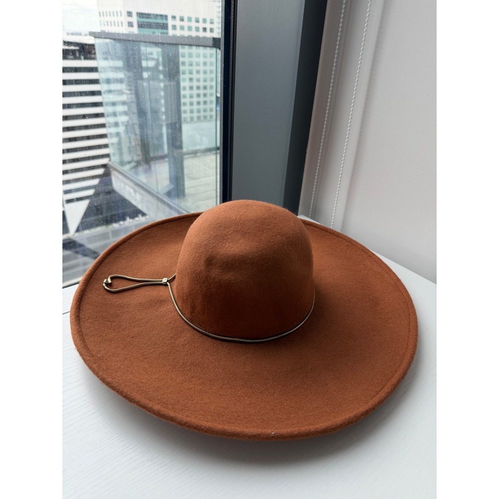 BCBGMAXAZRIA Rust Brown 100% Wool Wide Brim Floppy Hat Gold Chain Trim